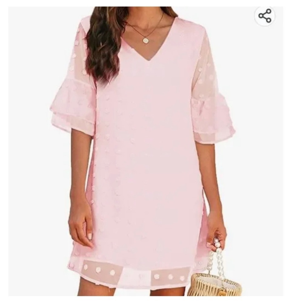 NEW Belongsci Bright Coral Swiss Dot Ruffle Sleeve Mini Dress Size Large - Picture 16 of 16